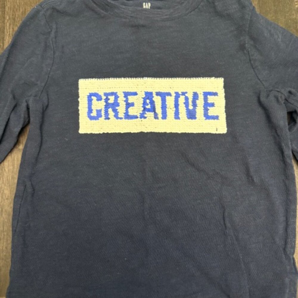 Gap Kids Flip Sequin Heathered Navy Creative Genius Long Sleeve T-Shirt (XS)